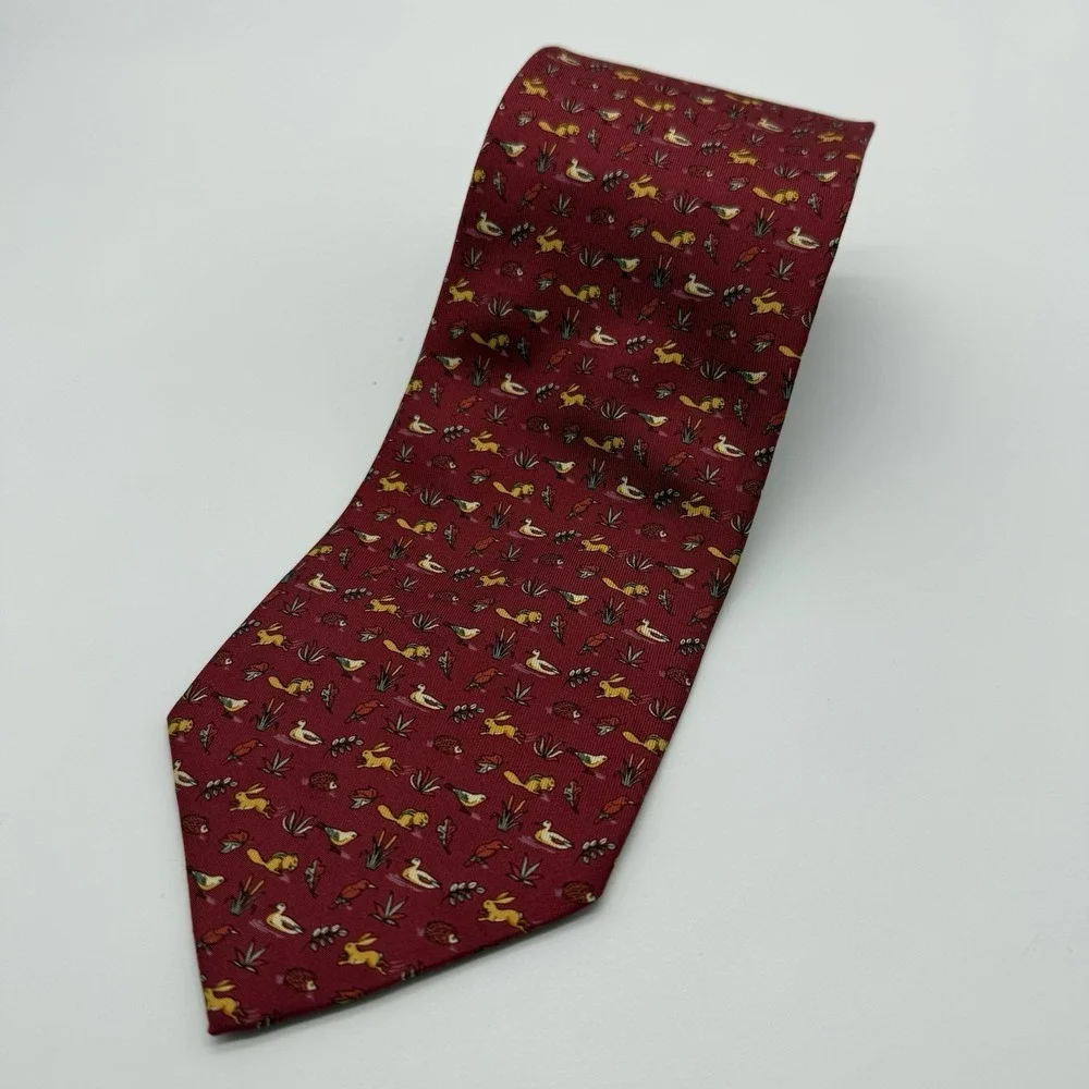 Salvatore Ferragamo‎ Silk Tie Italy Red Yellow Rabbit Bird Leaf Chipmunk Nature